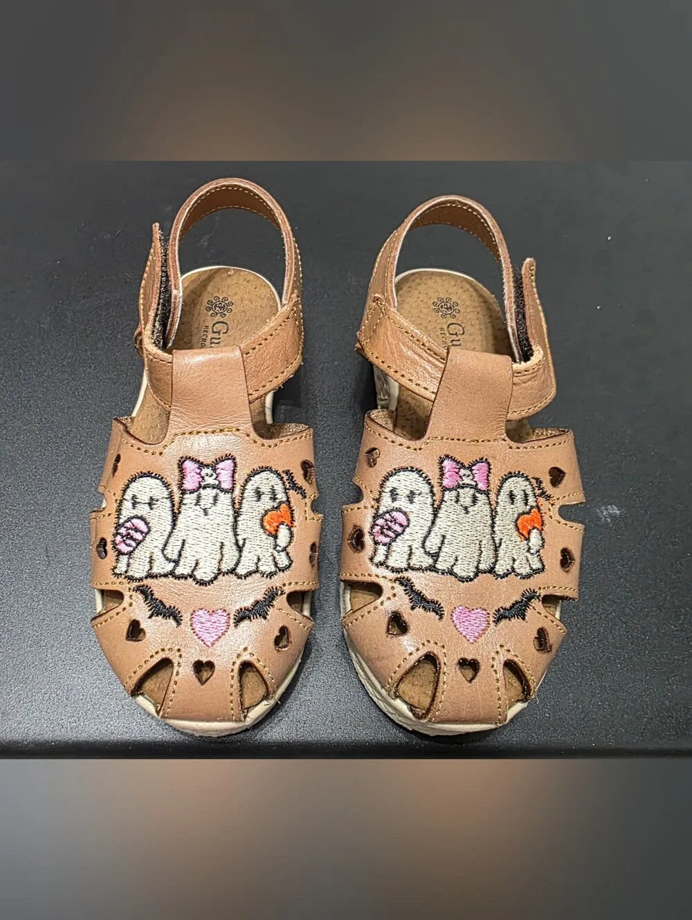 Kids Brown Leather Ghost Embroidered Sandals